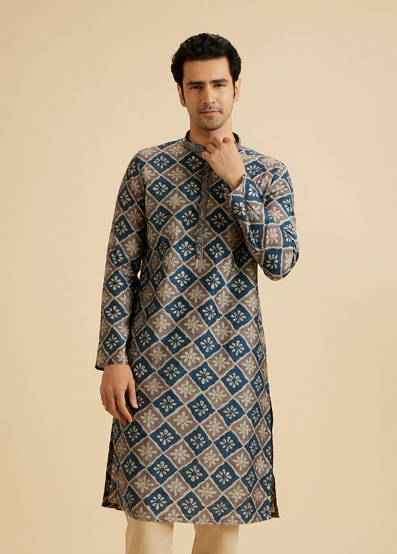 Manyavar Men Teal Blue Majestic Kurta Pajama