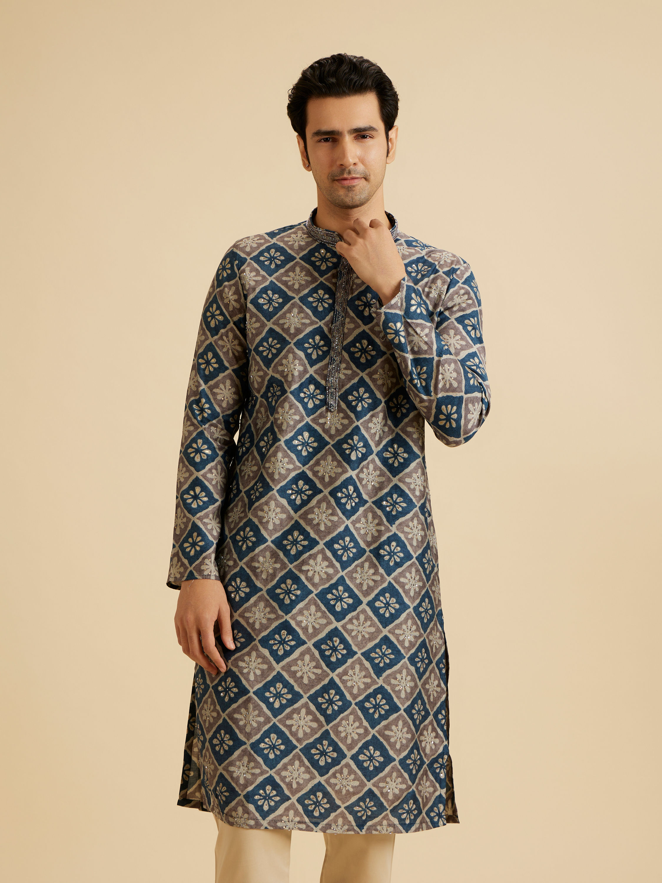 Manyavar Men Teal Blue Majestic Kurta Pajama
