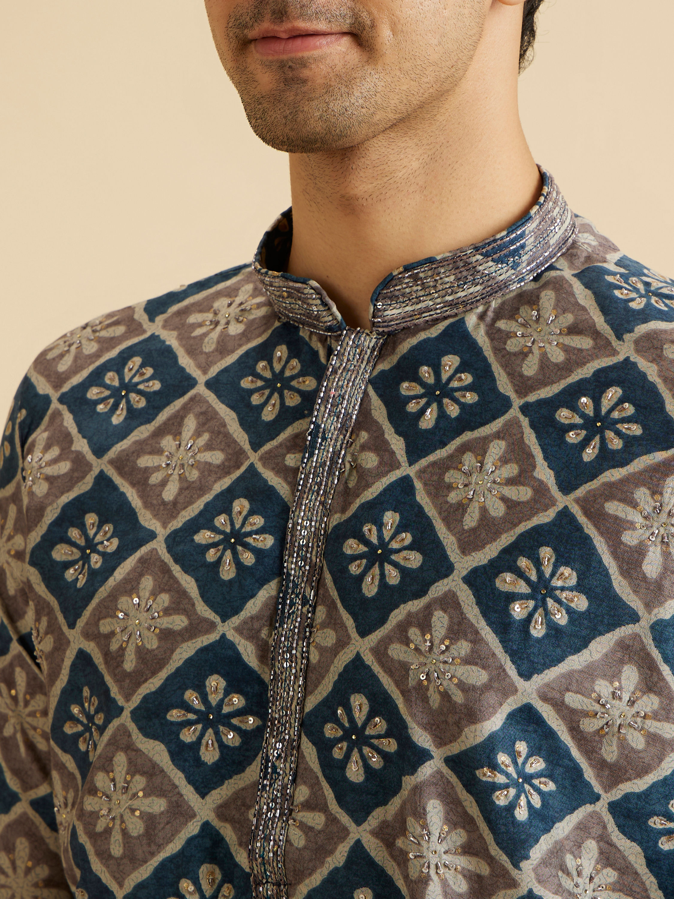 Manyavar Men Teal Blue Majestic Kurta Pajama