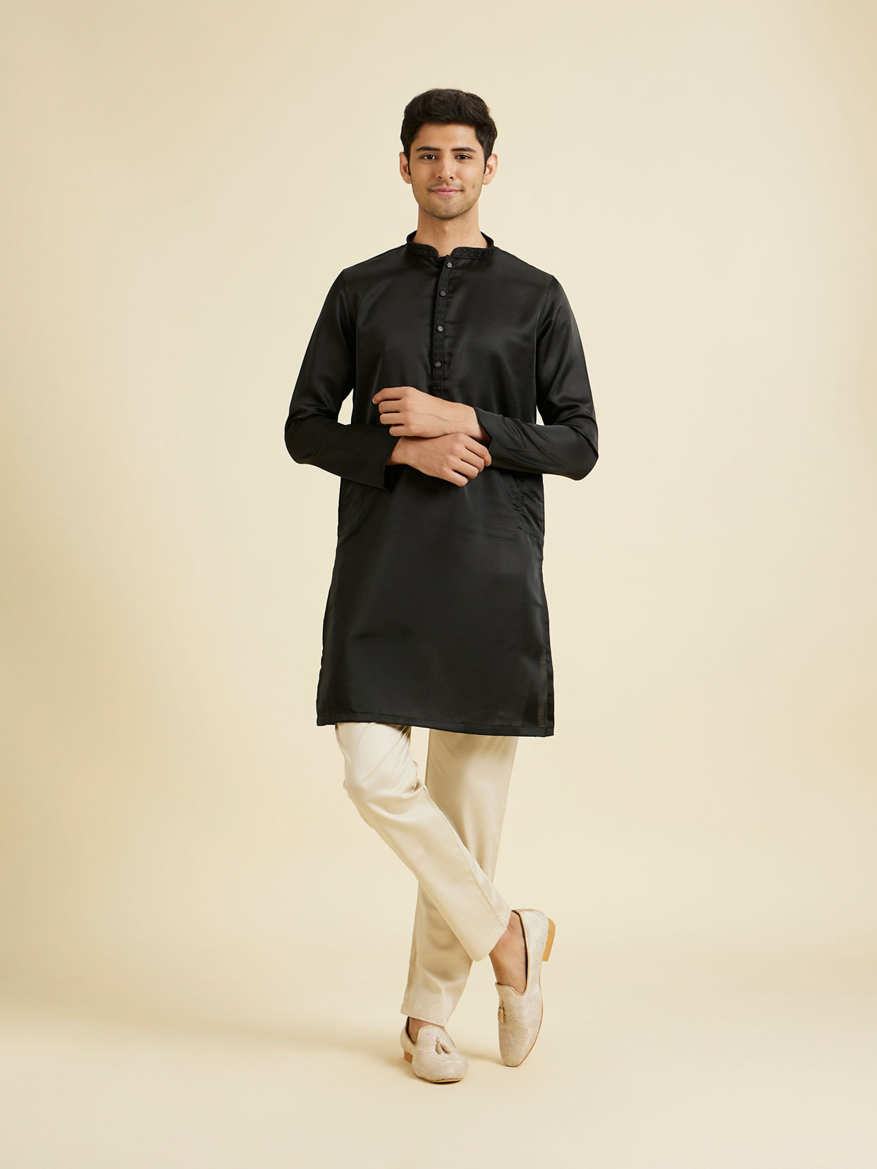 Manyavar Men Mystic Black Satin Kurta Pajama