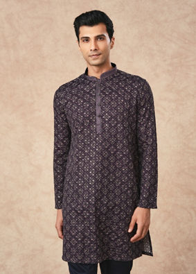 Manyavar Men Purple Blended Viscose Kurta Pant with Print