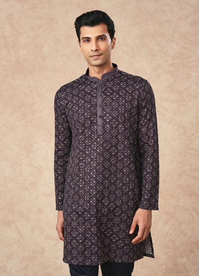 Manyavar Men Purple Blended Viscose Kurta Pant with Print