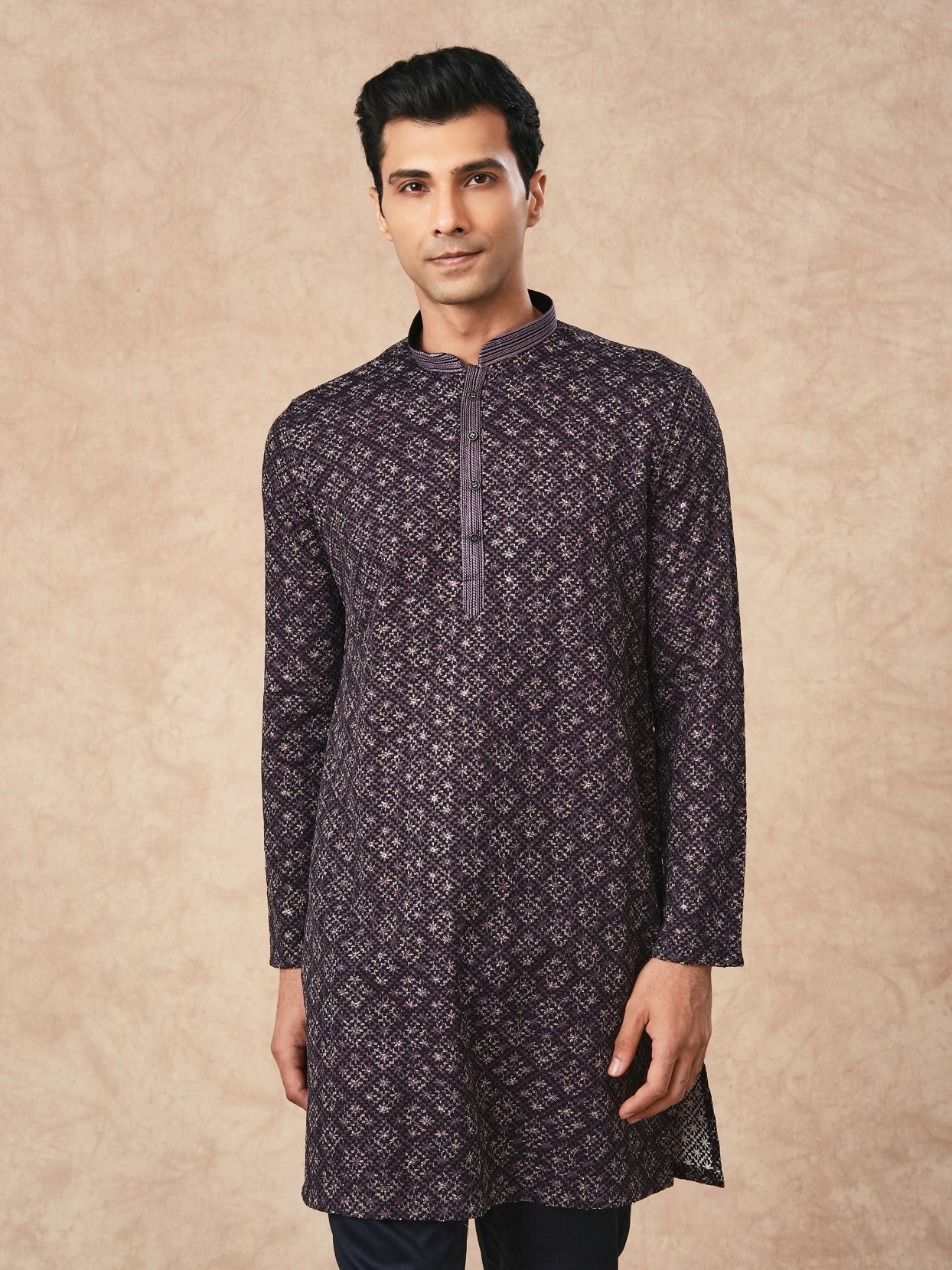 Manyavar Men Purple Blended Viscose Kurta Pant with Print