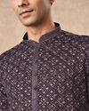 Manyavar Men Purple Blended Viscose Kurta Pant with Print