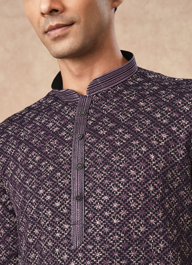 Manyavar Men Purple Blended Viscose Kurta Pant with Print