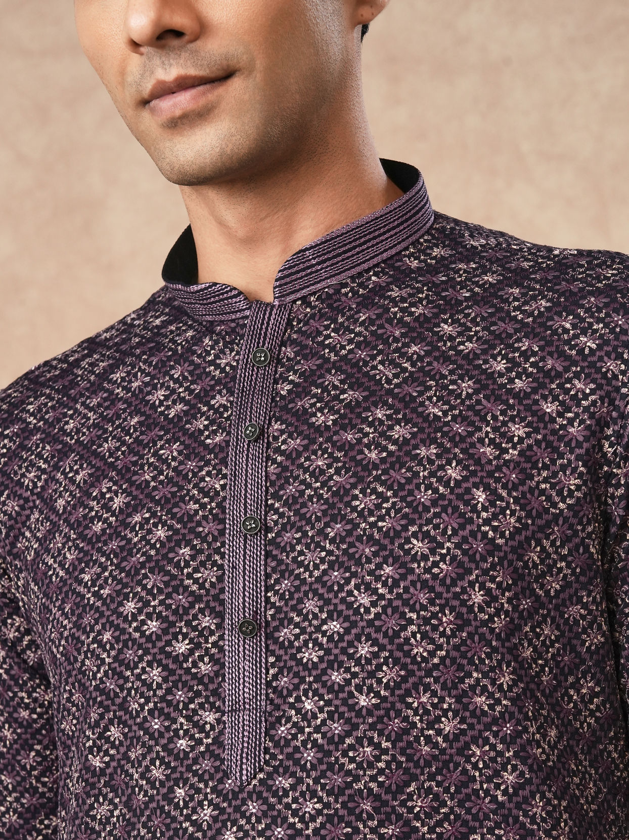 Manyavar Men Purple Blended Viscose Kurta Pant with Print