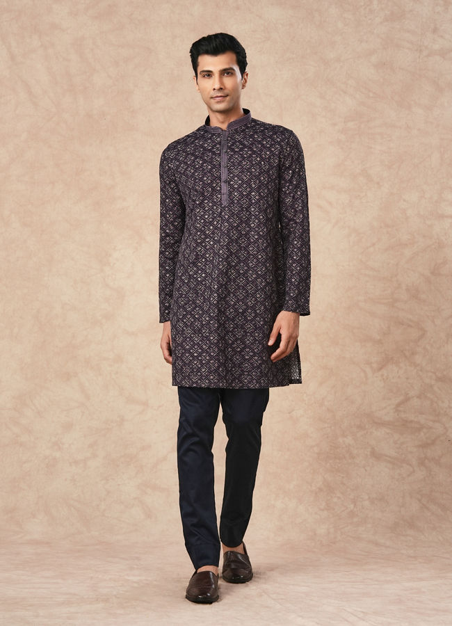 Manyavar Men Purple Blended Viscose Kurta Pant with Print