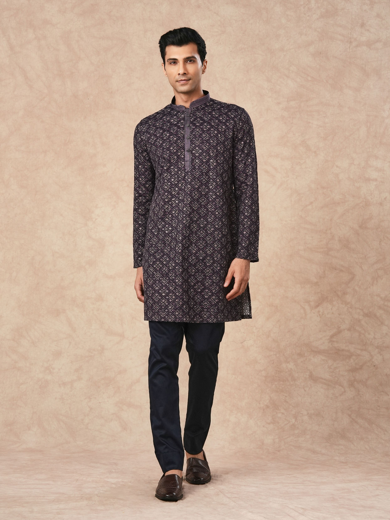 Manyavar Men Purple Blended Viscose Kurta Pant with Print