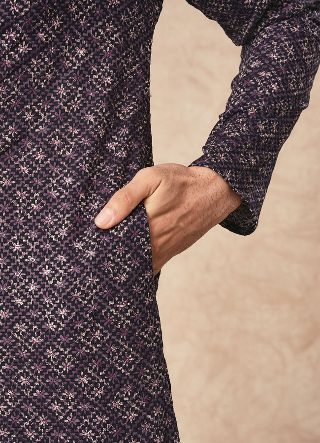 Manyavar Men Purple Blended Viscose Kurta Pant with Print