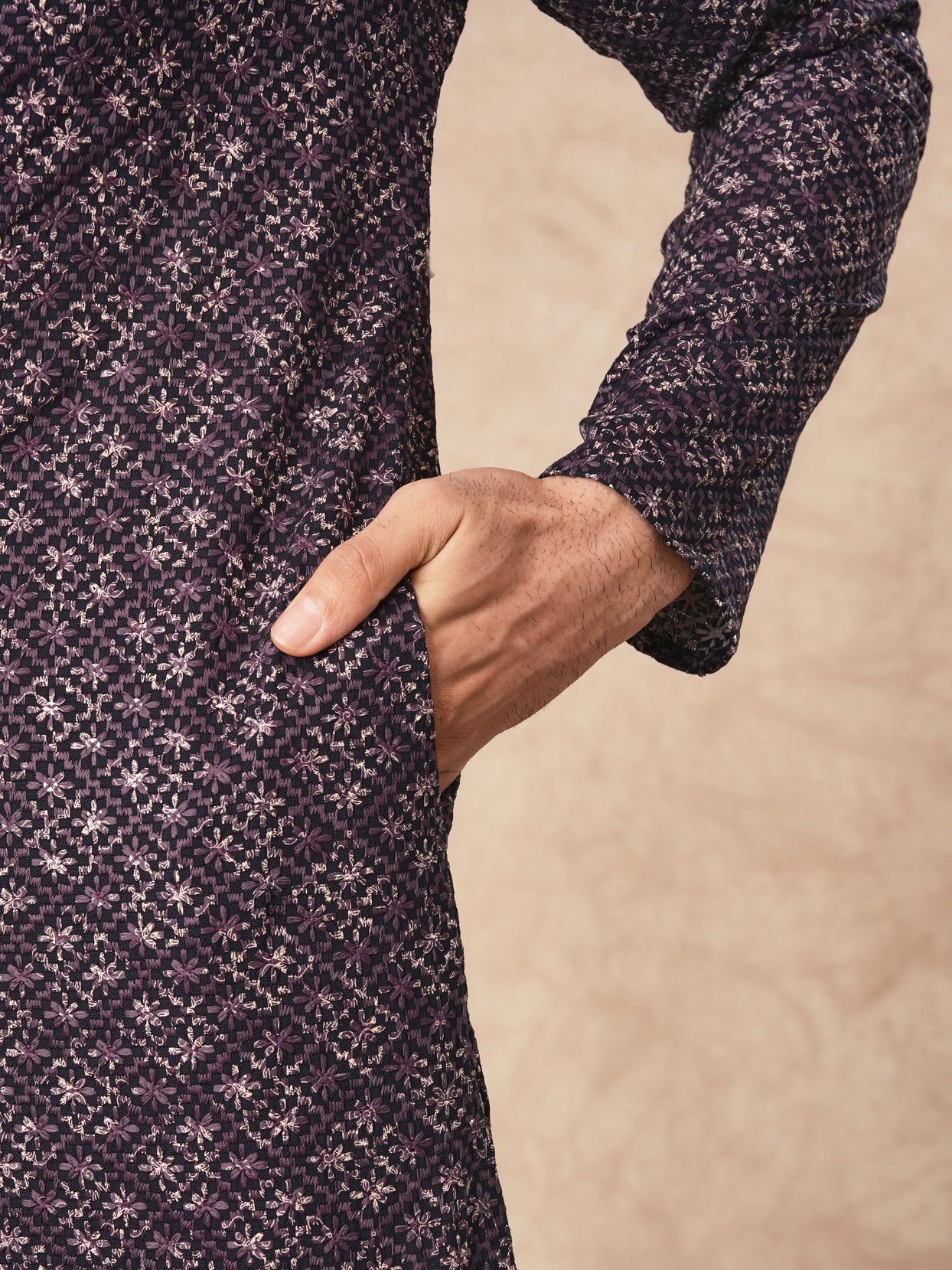 Manyavar Men Purple Blended Viscose Kurta Pant with Print