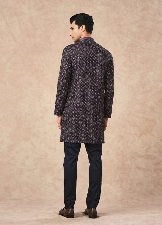 Manyavar Men Purple Blended Viscose Kurta Pant with Print