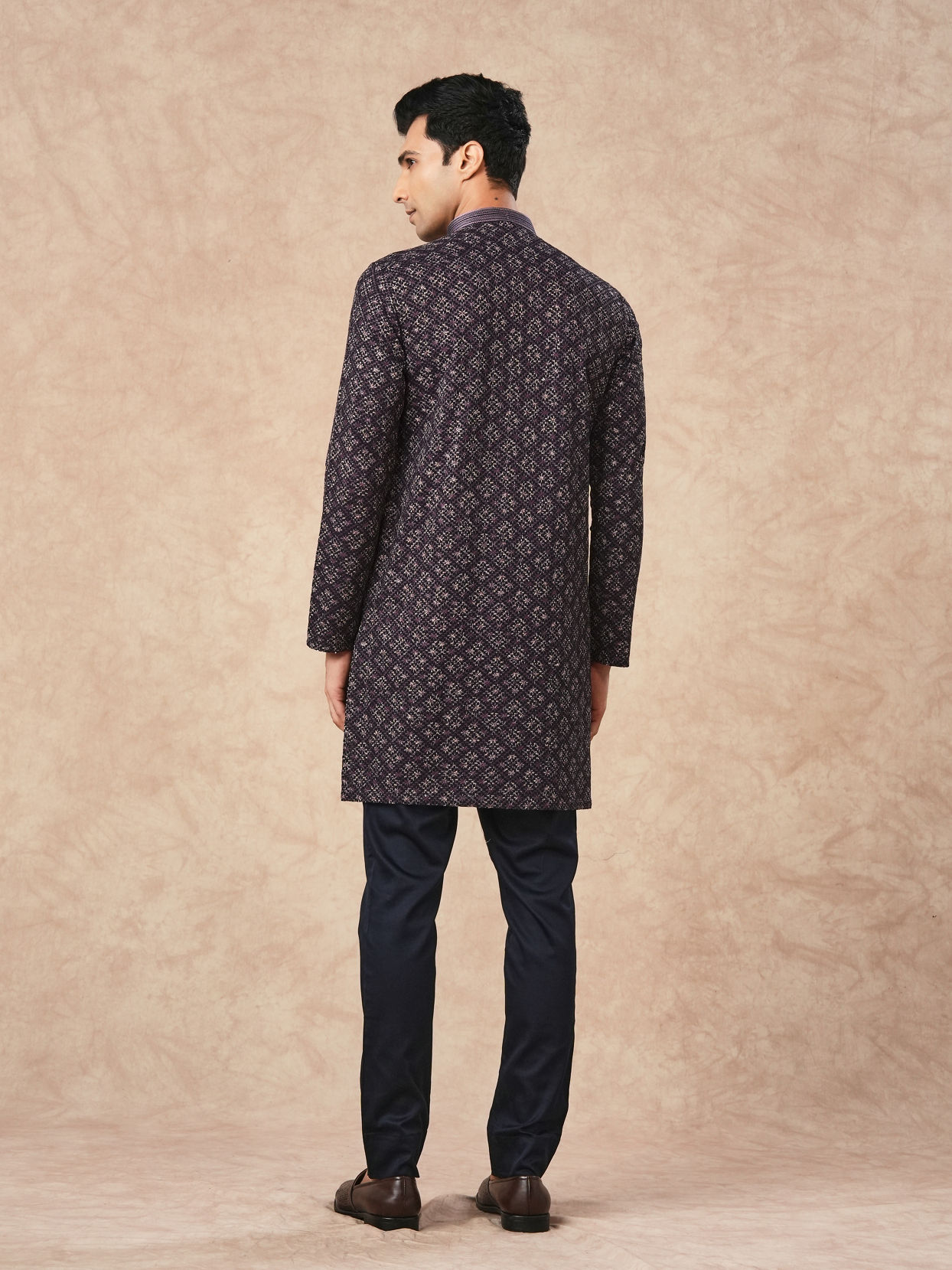 Manyavar Men Purple Blended Viscose Kurta Pant with Print