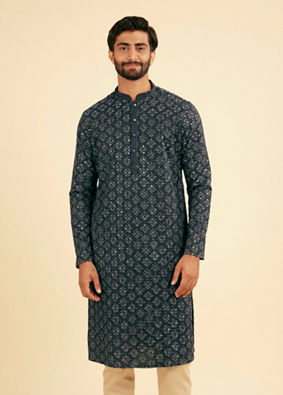 Manyavar Men Lustrous Dark Blue Kurta Pajama Ensemble