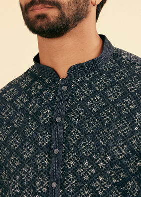 Manyavar Men Lustrous Dark Blue Kurta Pajama Ensemble