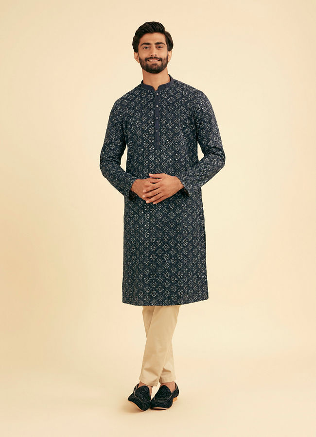 Manyavar Men Lustrous Dark Blue Kurta Pajama Ensemble