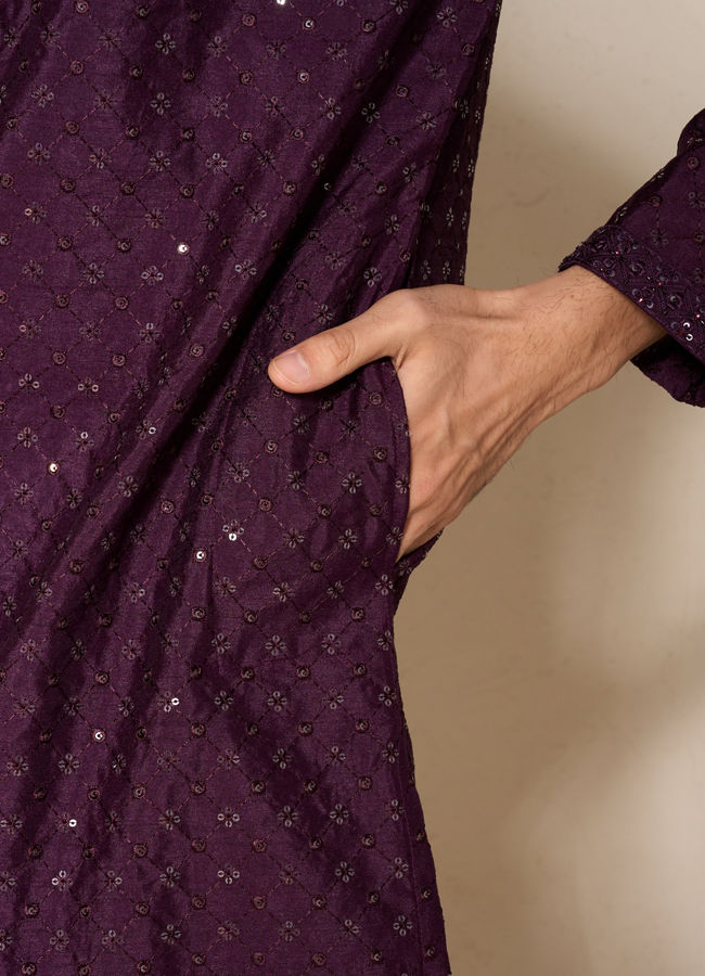Manyavar Men Festive Wine Kurta Pajama Set