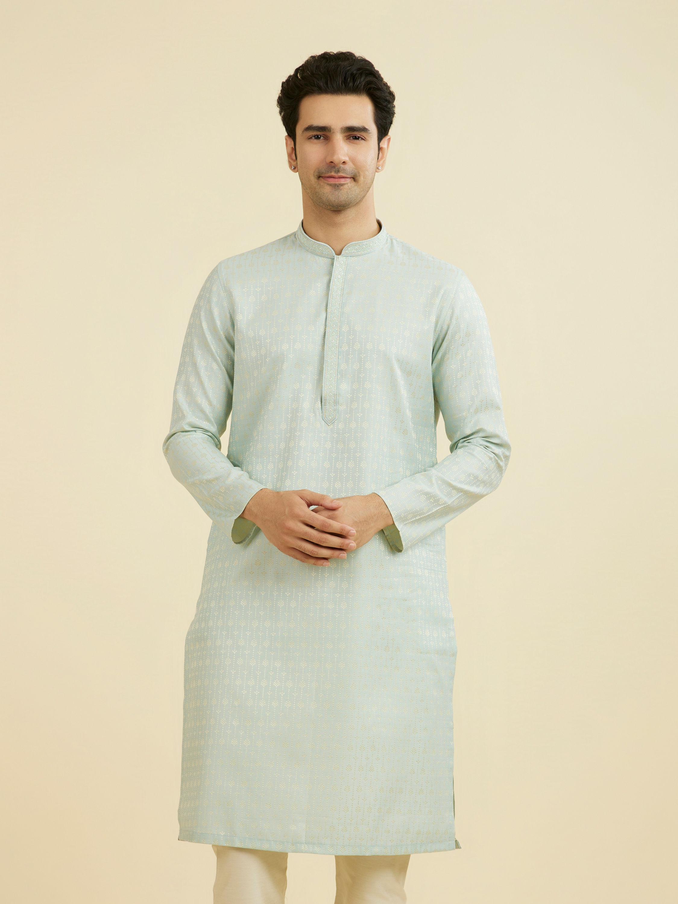 Manyavar Men Elegant Light Blue Ensemble Kurta Pajama