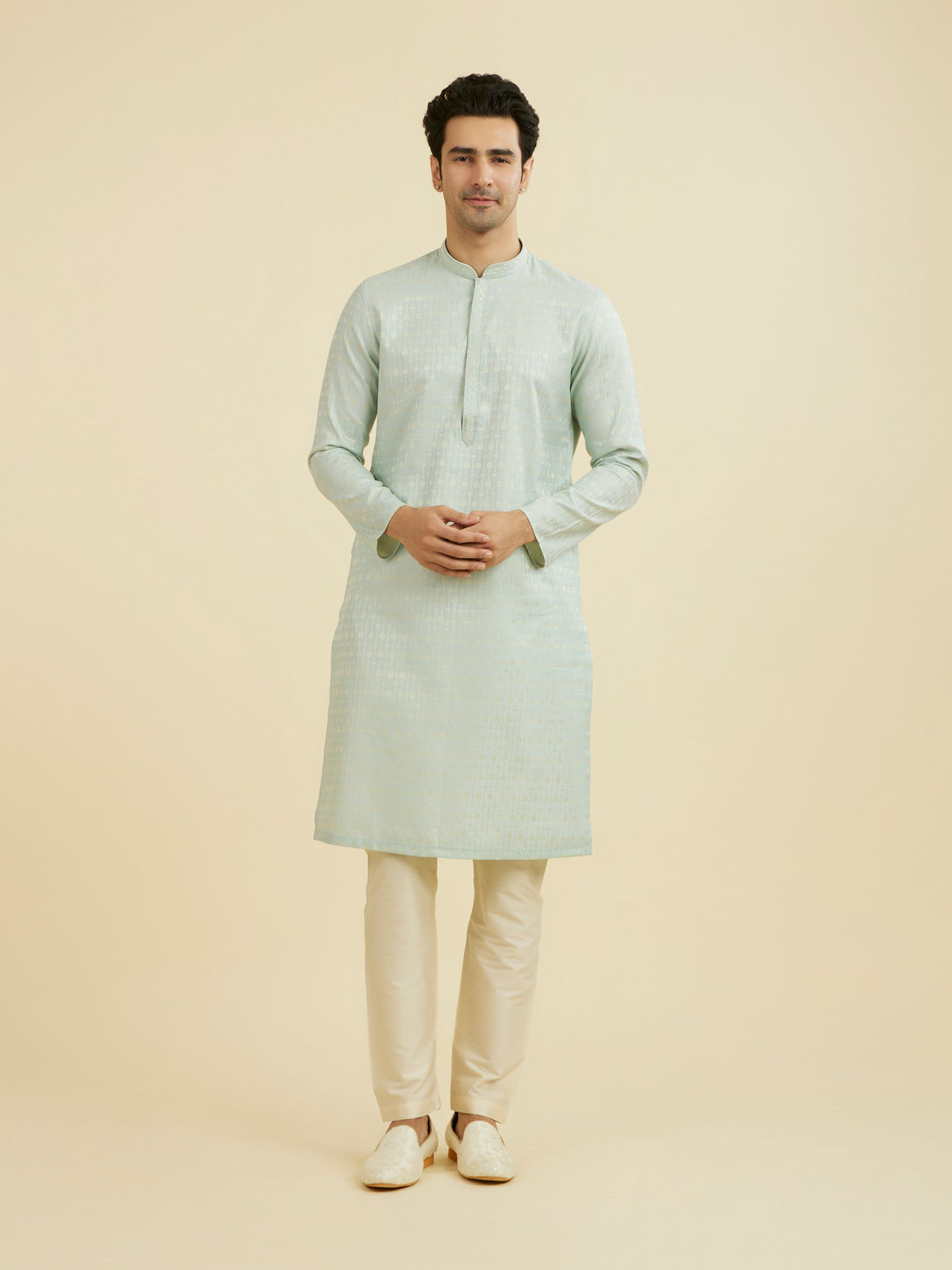 Manyavar Men Elegant Light Blue Ensemble Kurta Pajama