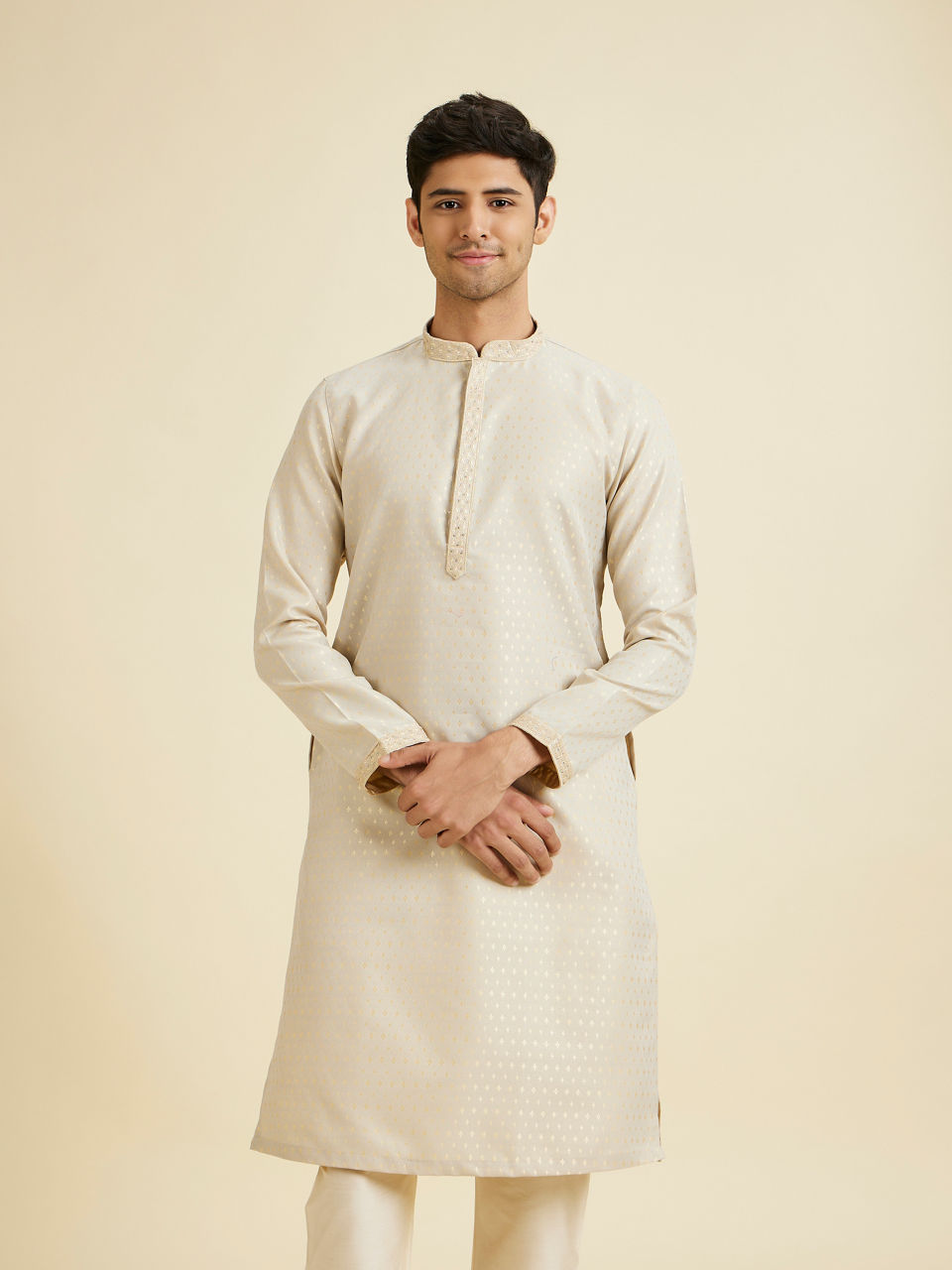 Manyavar Men Beige Brocade Elegance Kurta Pajama