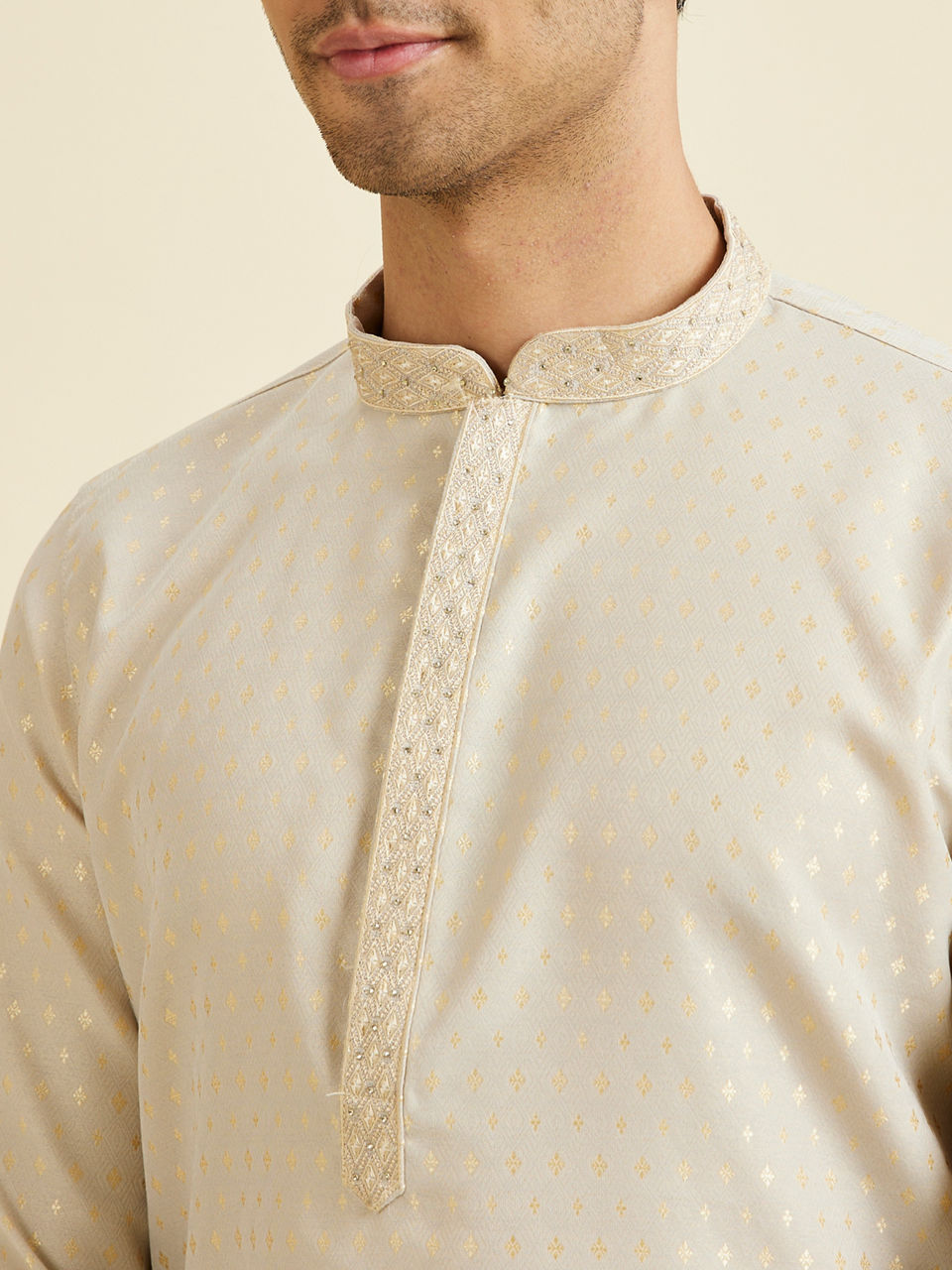 Manyavar Men Beige Brocade Elegance Kurta Pajama