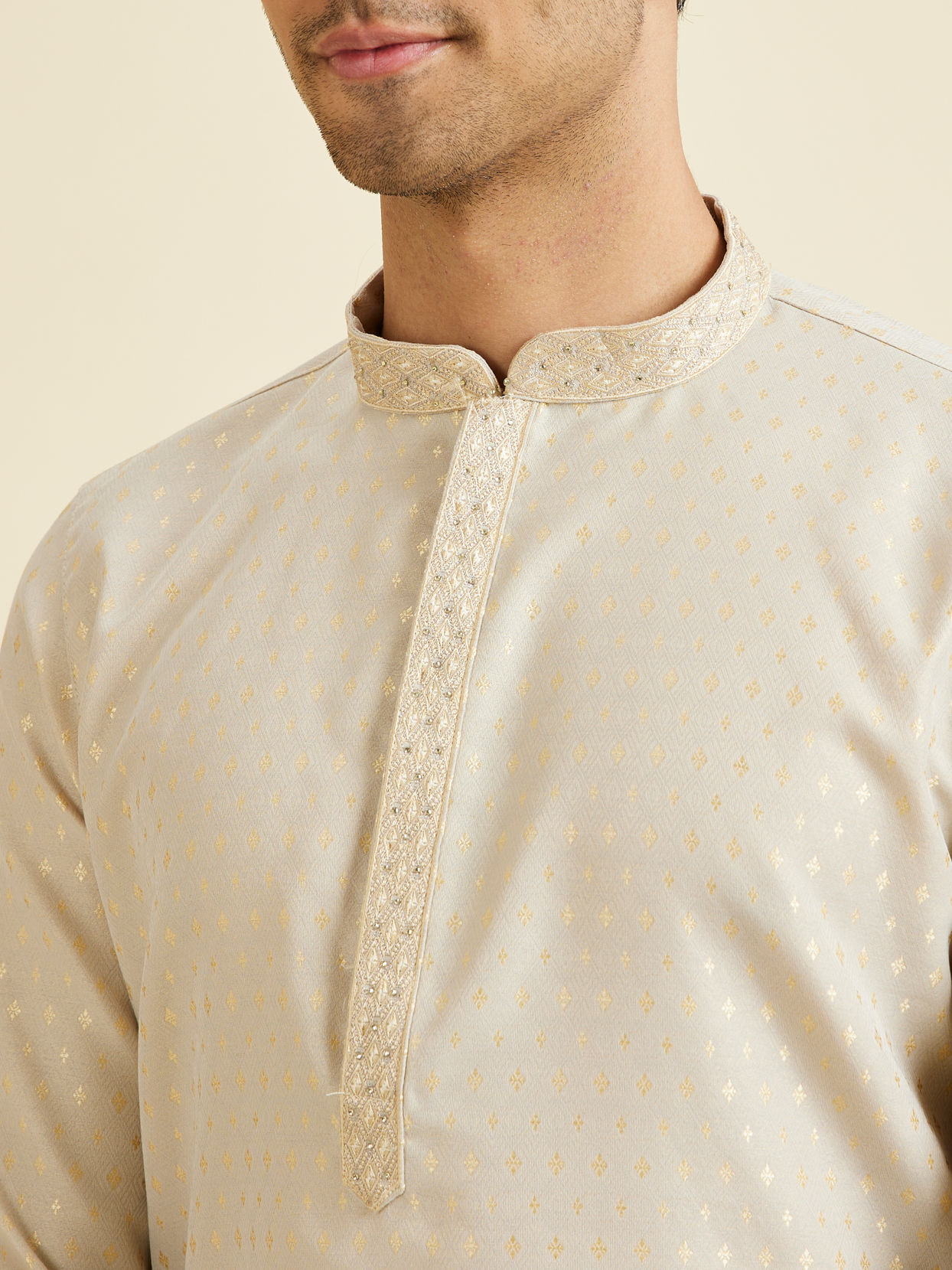 Manyavar Men Beige Brocade Elegance Kurta Pajama