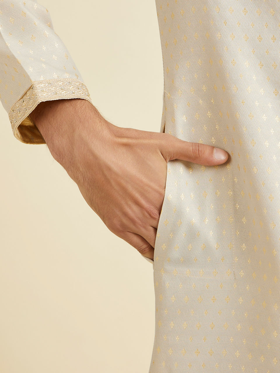 Manyavar Men Beige Brocade Elegance Kurta Pajama