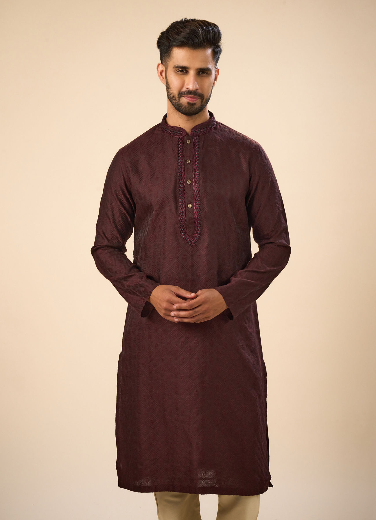 Manyavar Men Gleaming Wine Kurta Pajama