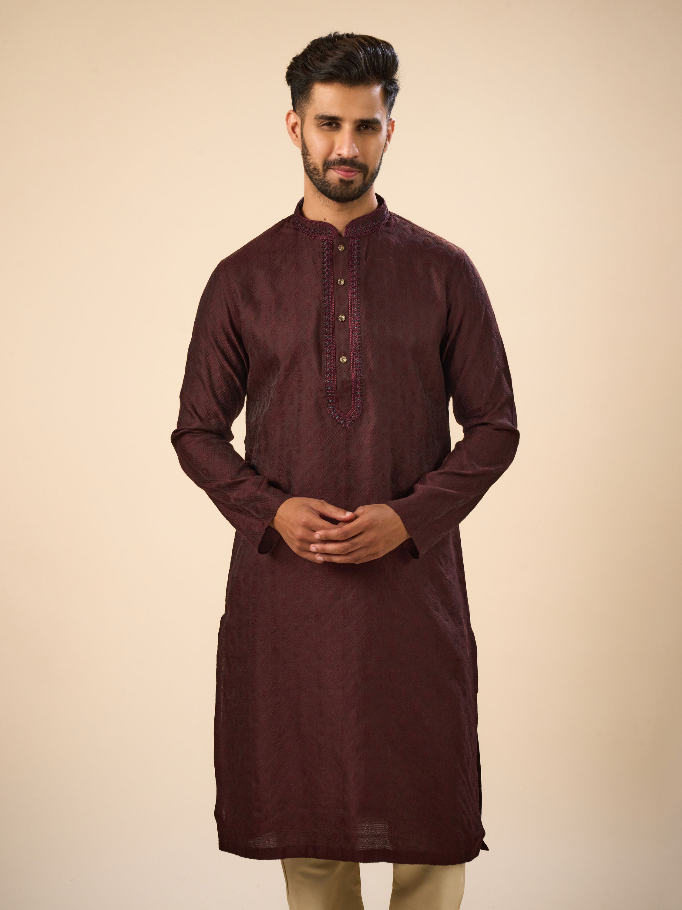 Manyavar Men Gleaming Wine Kurta Pajama