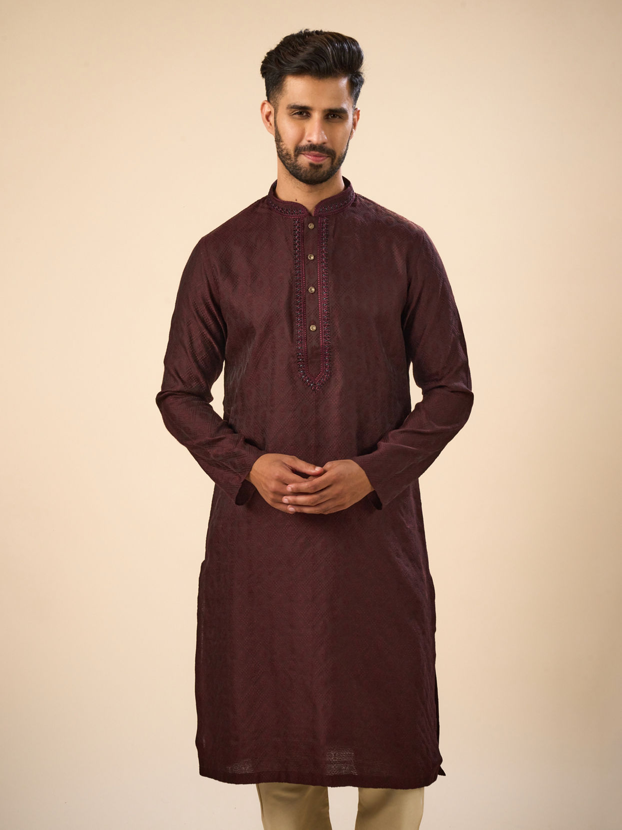 Manyavar Men Gleaming Wine Kurta Pajama