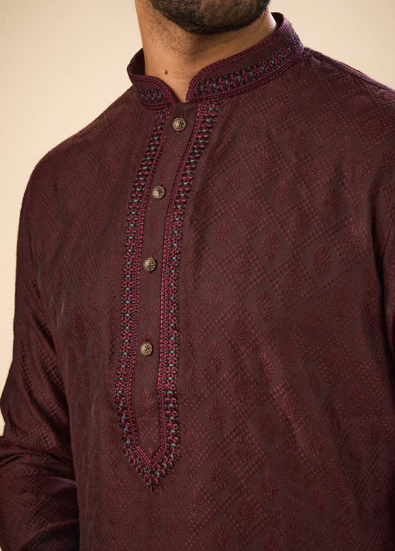Manyavar Men Gleaming Wine Kurta Pajama