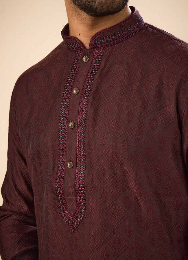 Manyavar Men Gleaming Wine Kurta Pajama