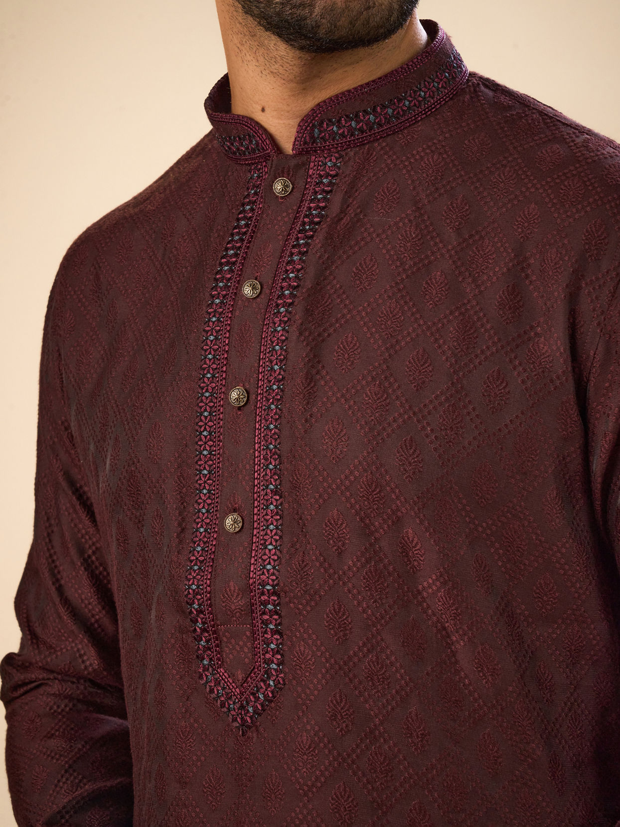 Manyavar Men Gleaming Wine Kurta Pajama