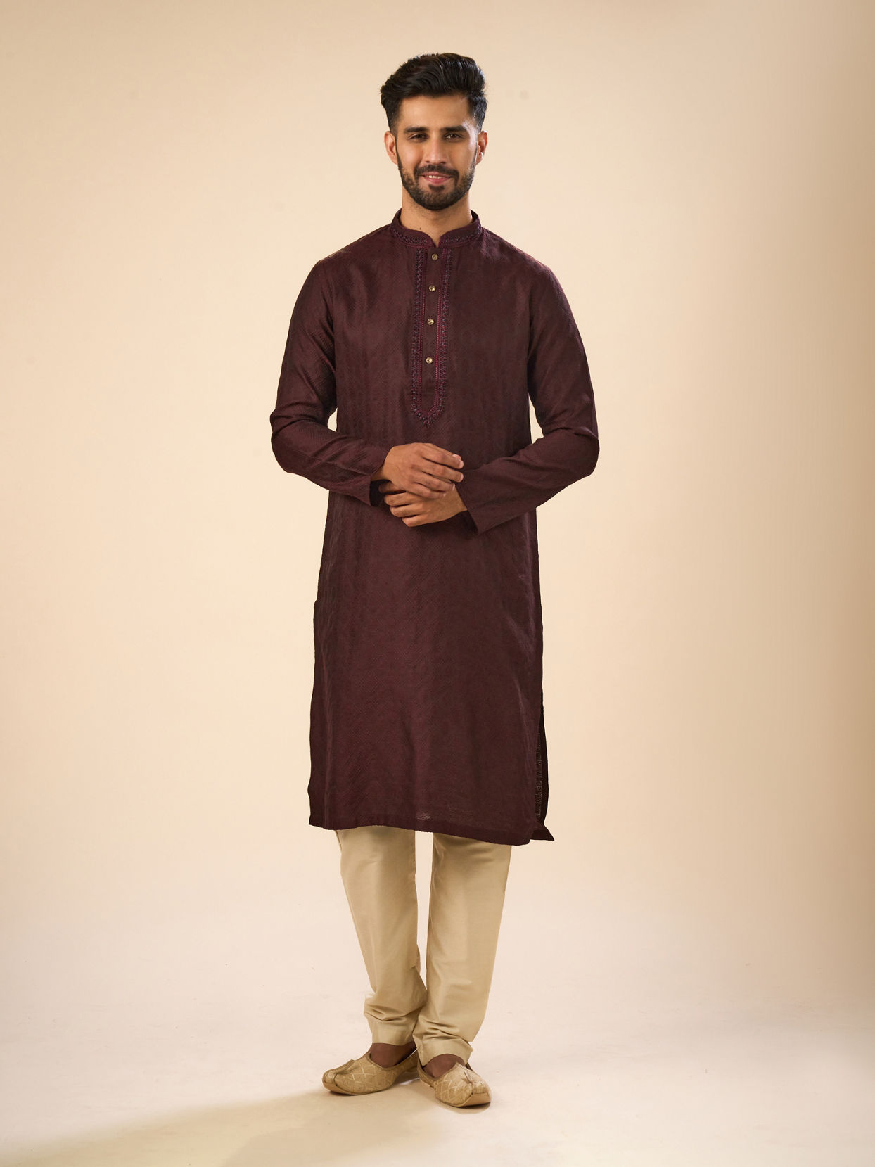 Manyavar Men Gleaming Wine Kurta Pajama