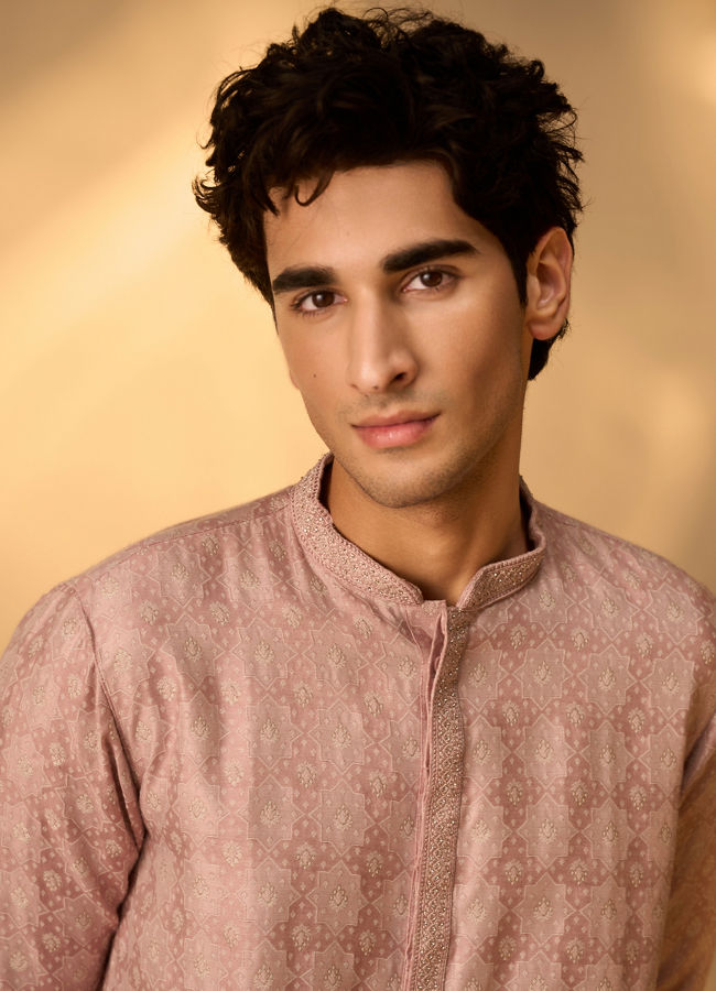 Manyavar Men Dusty Pink Brocade Elegance Kurta Pajama