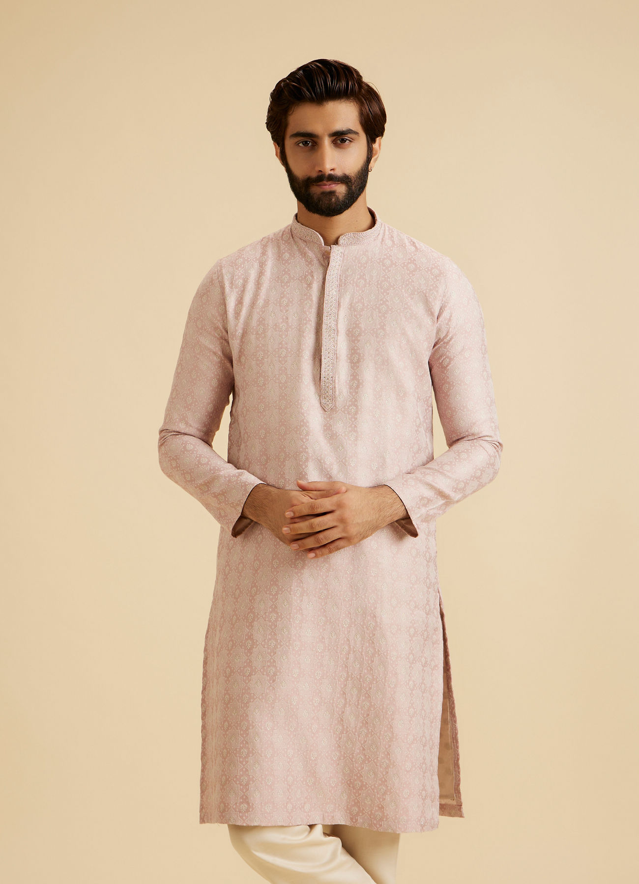 Manyavar Men Dusty Pink Brocade Elegance Kurta Pajama
