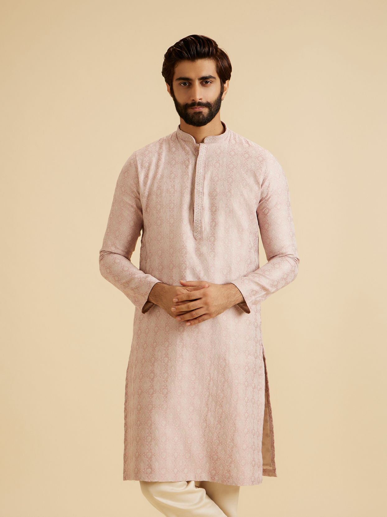 Manyavar Men Dusty Pink Brocade Elegance Kurta Pajama