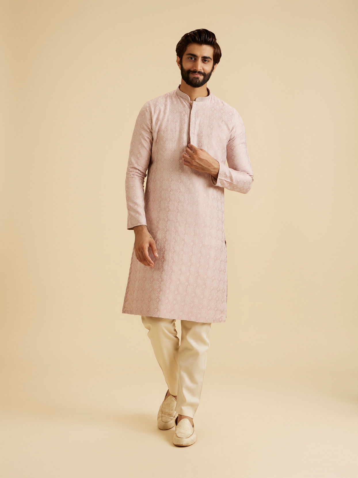 Manyavar Men Dusty Pink Brocade Elegance Kurta Pajama