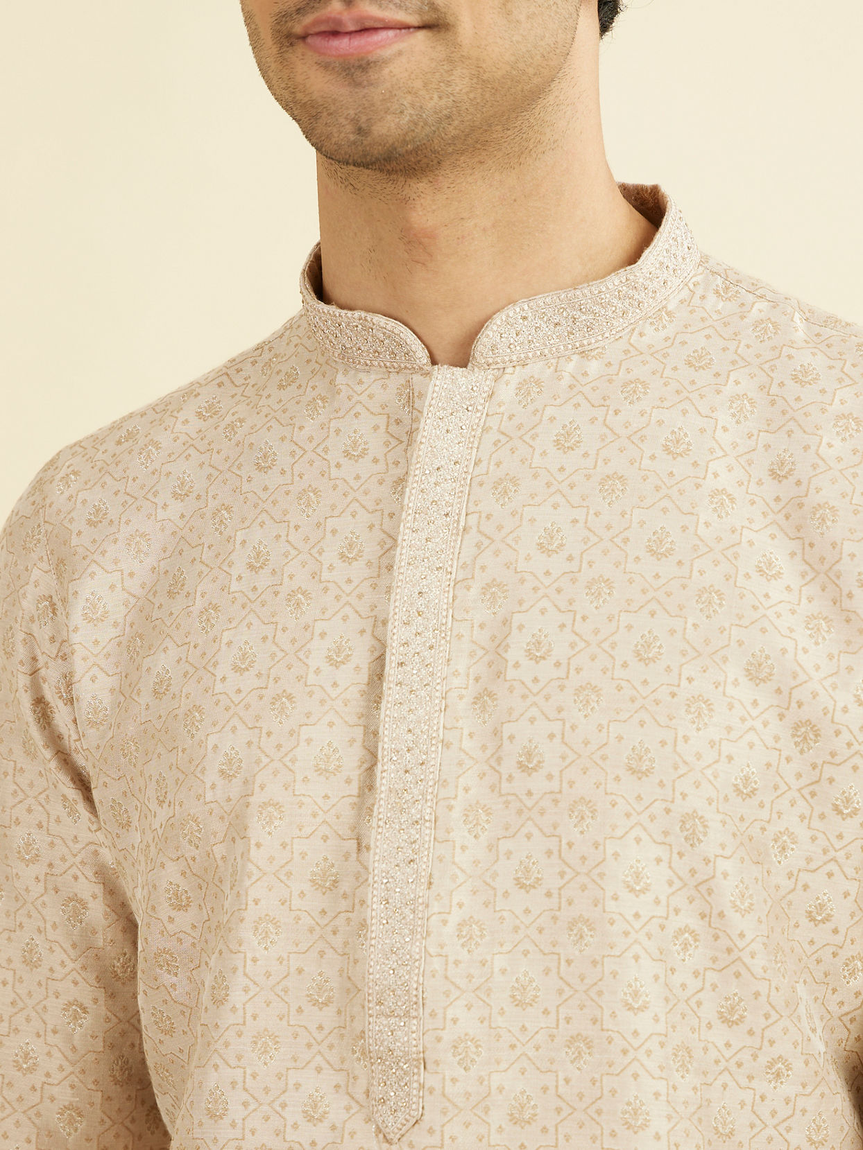 Manyavar Men Beige Brocade Kurta Pajama