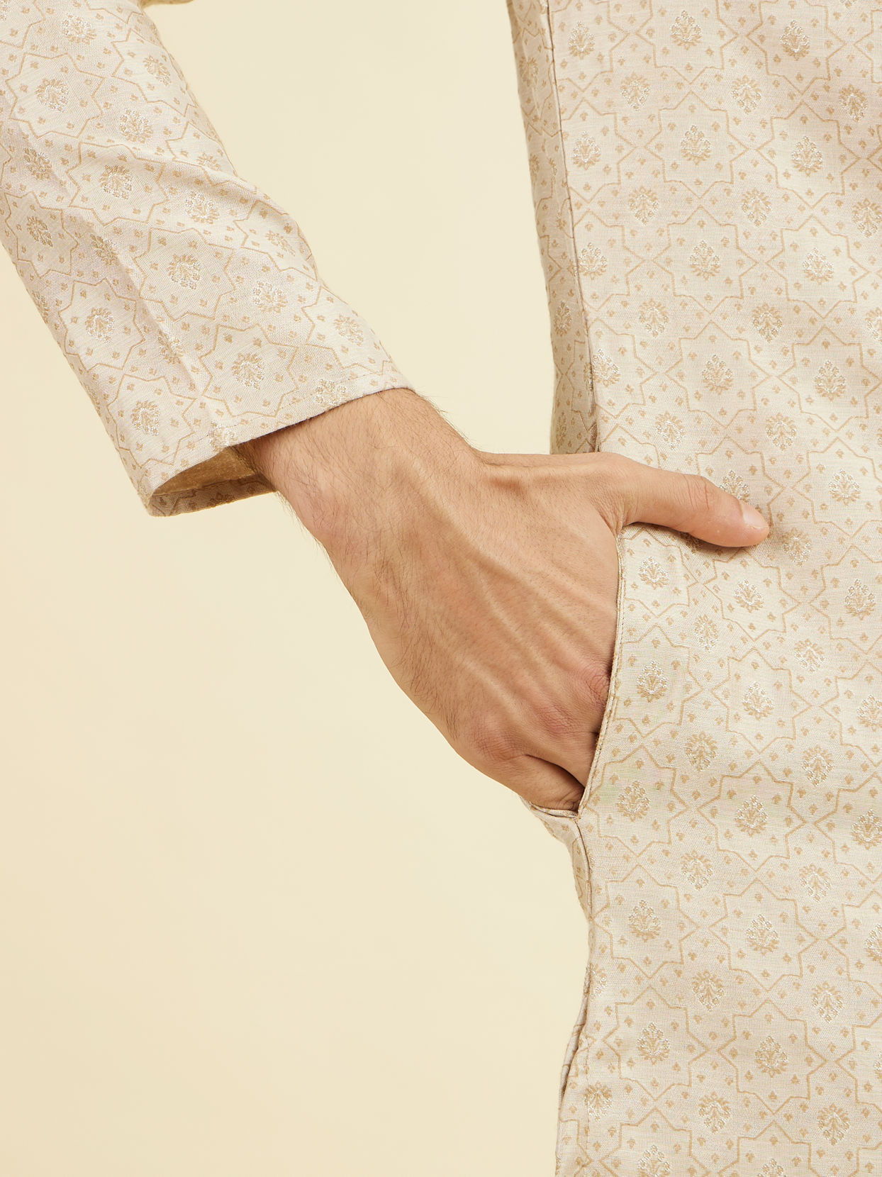 Manyavar Men Beige Brocade Kurta Pajama