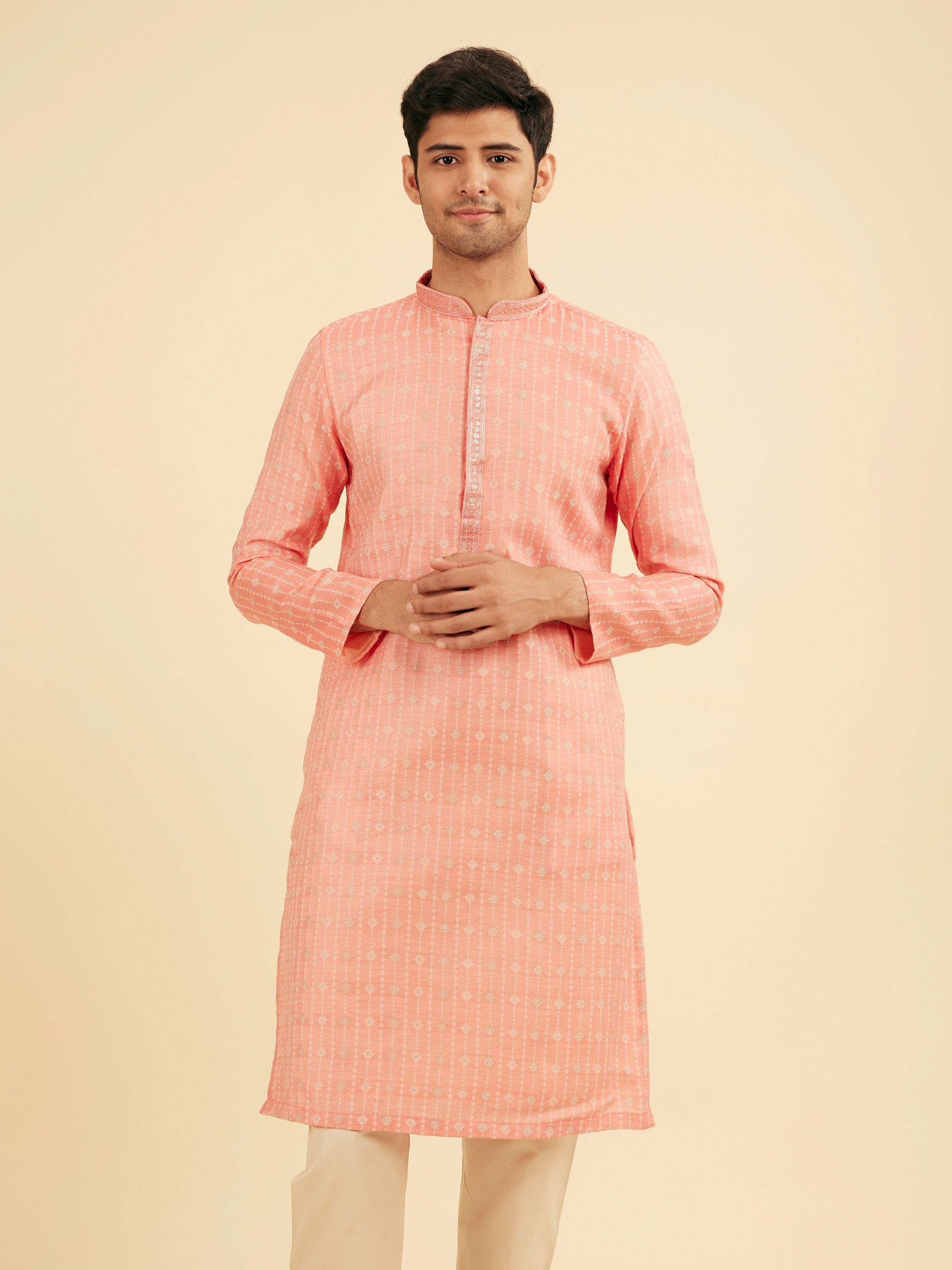 Manyavar Men Peach Kurta Pajama Ensemble