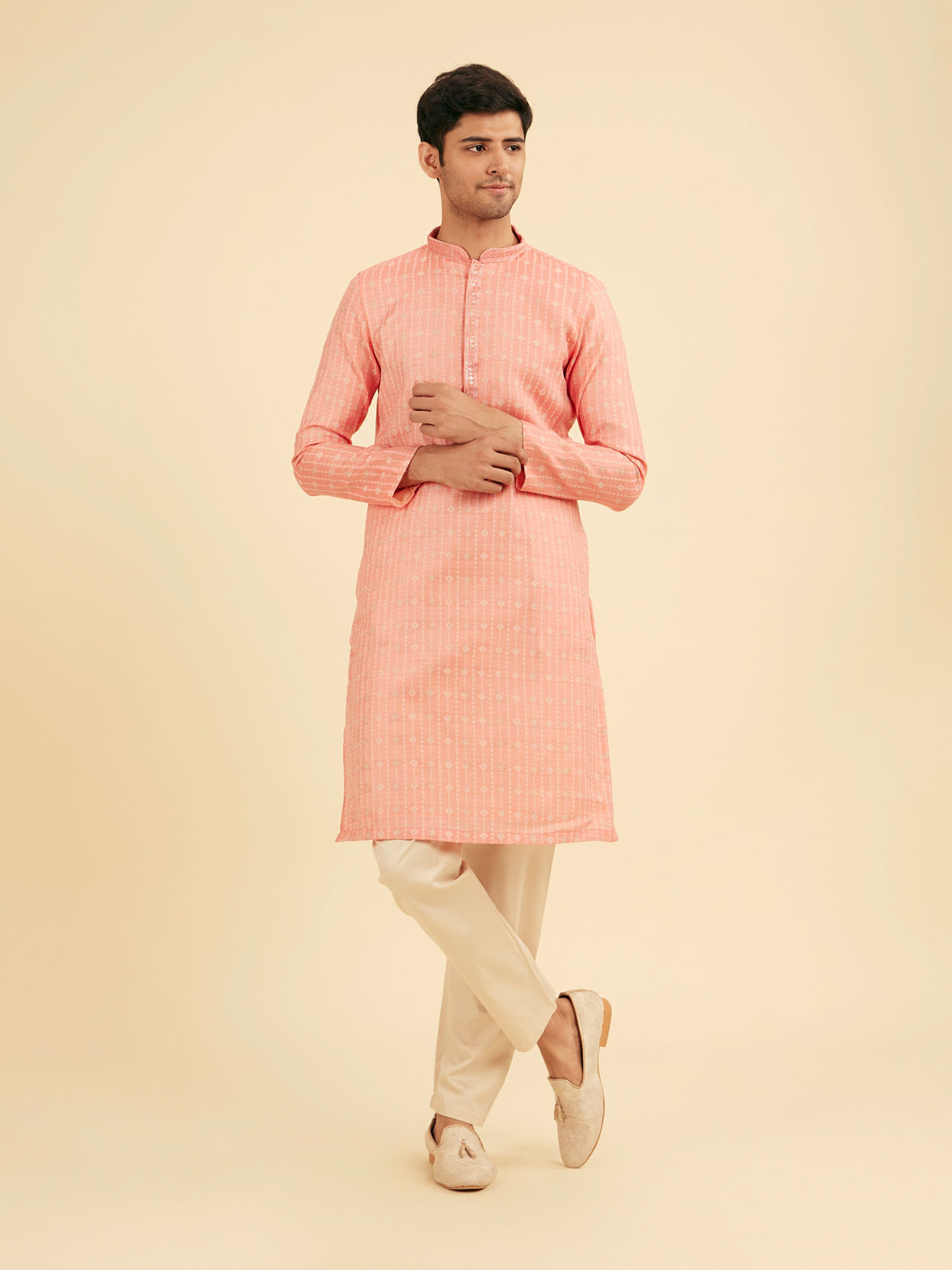 Manyavar Men Peach Kurta Pajama Ensemble