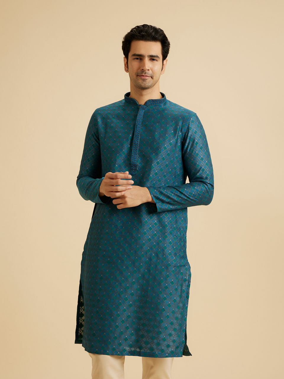 Manyavar Men Traditional Teal Blue Kurta Pajama