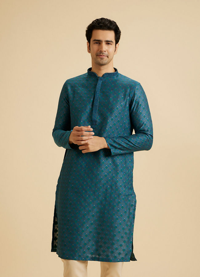 Manyavar Men Traditional Teal Blue Kurta Pajama