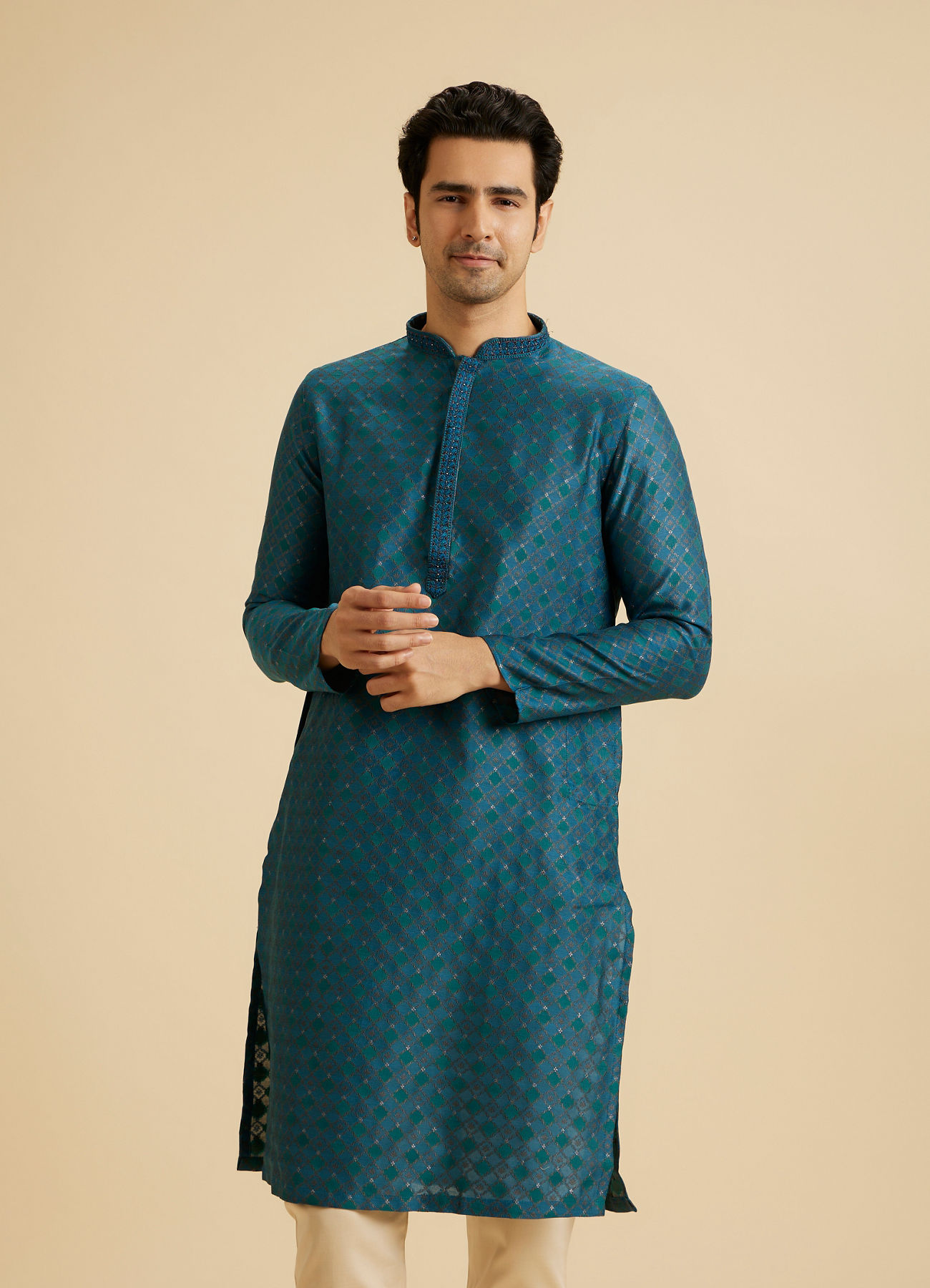 Manyavar Men Traditional Teal Blue Kurta Pajama