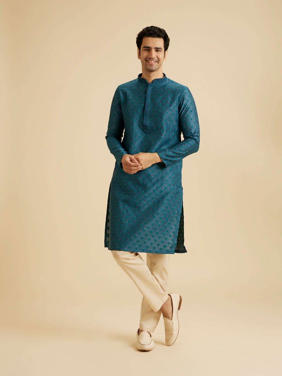 Manyavar Men Traditional Teal Blue Kurta Pajama