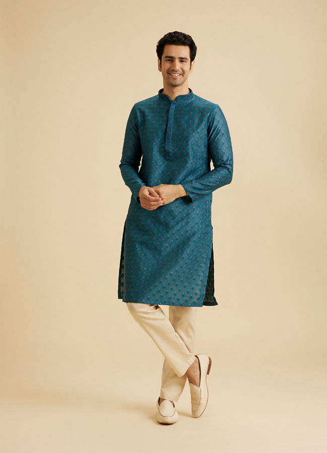 Manyavar Men Traditional Teal Blue Kurta Pajama