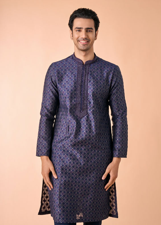 Manyavar Men Dark Blue Kurta Pajama Enchantment