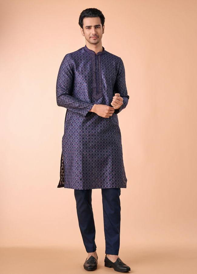 Manyavar Men Dark Blue Kurta Pajama Enchantment