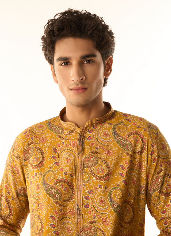 Manyavar Men Sunset Mustard Elegance Kurta Pajama