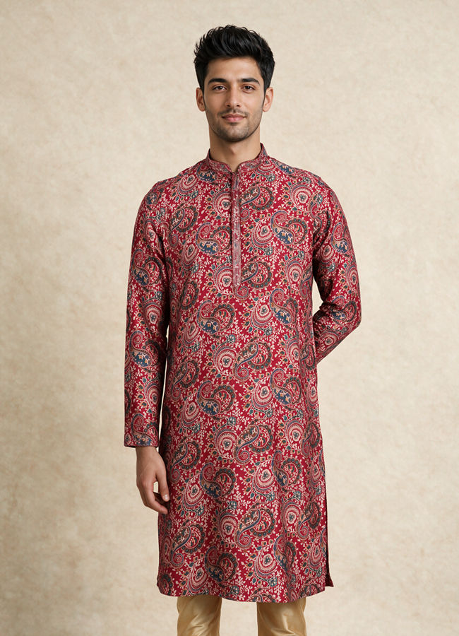 Manyavar Men Red Blended Viscose Kurta Pajama with Print
